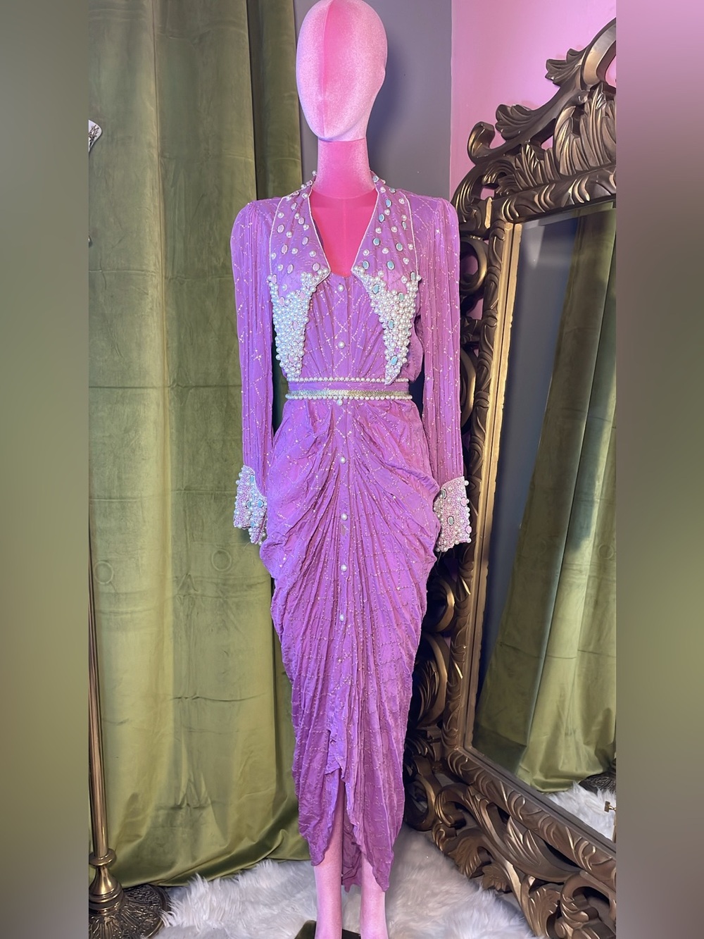 Embellished Lavender Evening Dress with Pearl Accents